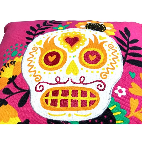 Sugar Skull Decorative Throw Pillow 2 Sided Flowers Embroidered 16"x 16" Pink - Picture 5 of 6